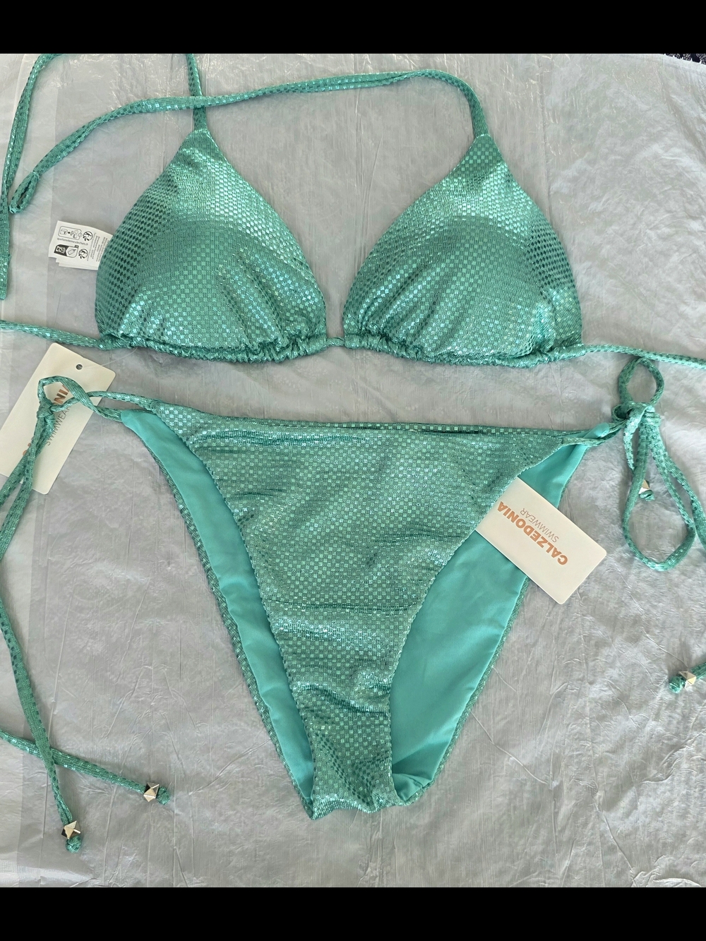 NWT Calzedonia Turquoise Shimmer Metallic Triangle Bikini Set Top L Btm S